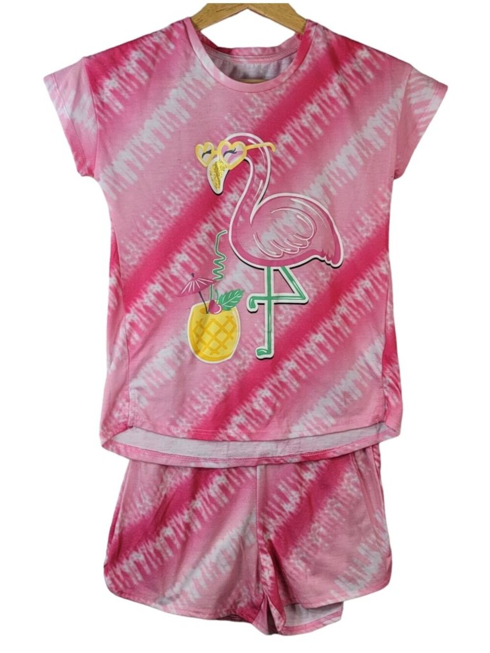 Wonder Nation Girls Flamingo Pajama Set Pink Tie Dye Large Shorts Pullover 2PC